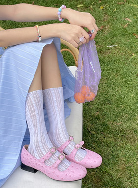 LET ME SEE 薄款白色jk堆堆袜蕾丝少女镂空小腿袜子透气网眼