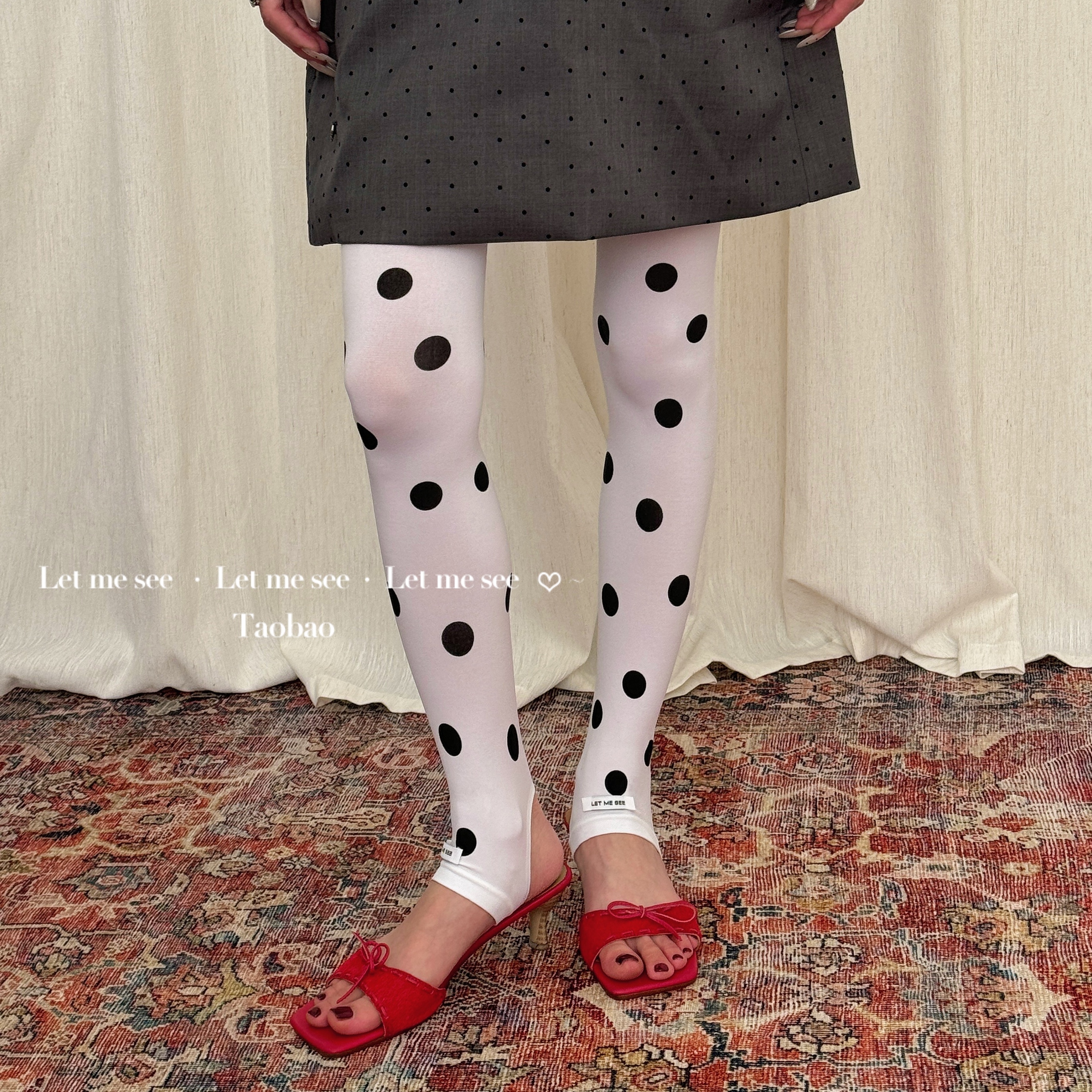 LET ME SEE 自制时髦白色天鹅绒打底袜 复古浪漫大圆点女连裤袜