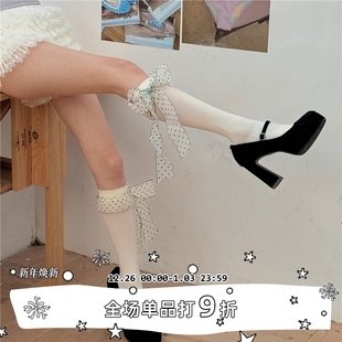 少女波点蝴蝶结丝带小腿袜简约百搭中筒袜薄款 LET 原创 SEE