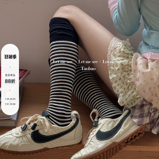 LET ME SEE 自制条纹袜子女小腿袜复古英伦风潮简约撞色堆堆袜