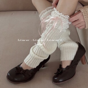 SEE 日系丝带花边堆堆袜套女蕾丝蝴蝶结甜美风针织小腿套 LET