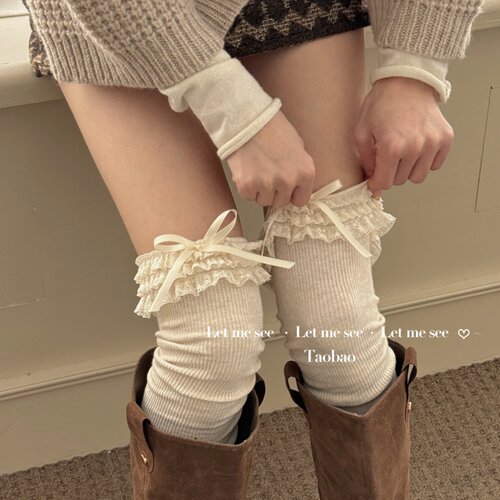 LET ME SEE 白色少女蕾丝花边lolita可爱中筒袜蝴蝶结堆堆袜