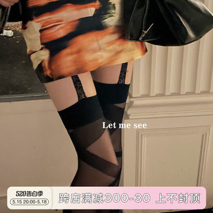 辣妹蕾丝吊带折线丝袜性感吊带一体半截长筒袜过膝袜 SEE LET