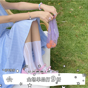 薄款 SEE 白色jk堆堆袜蕾丝少女镂空小腿袜子透气网眼 LET