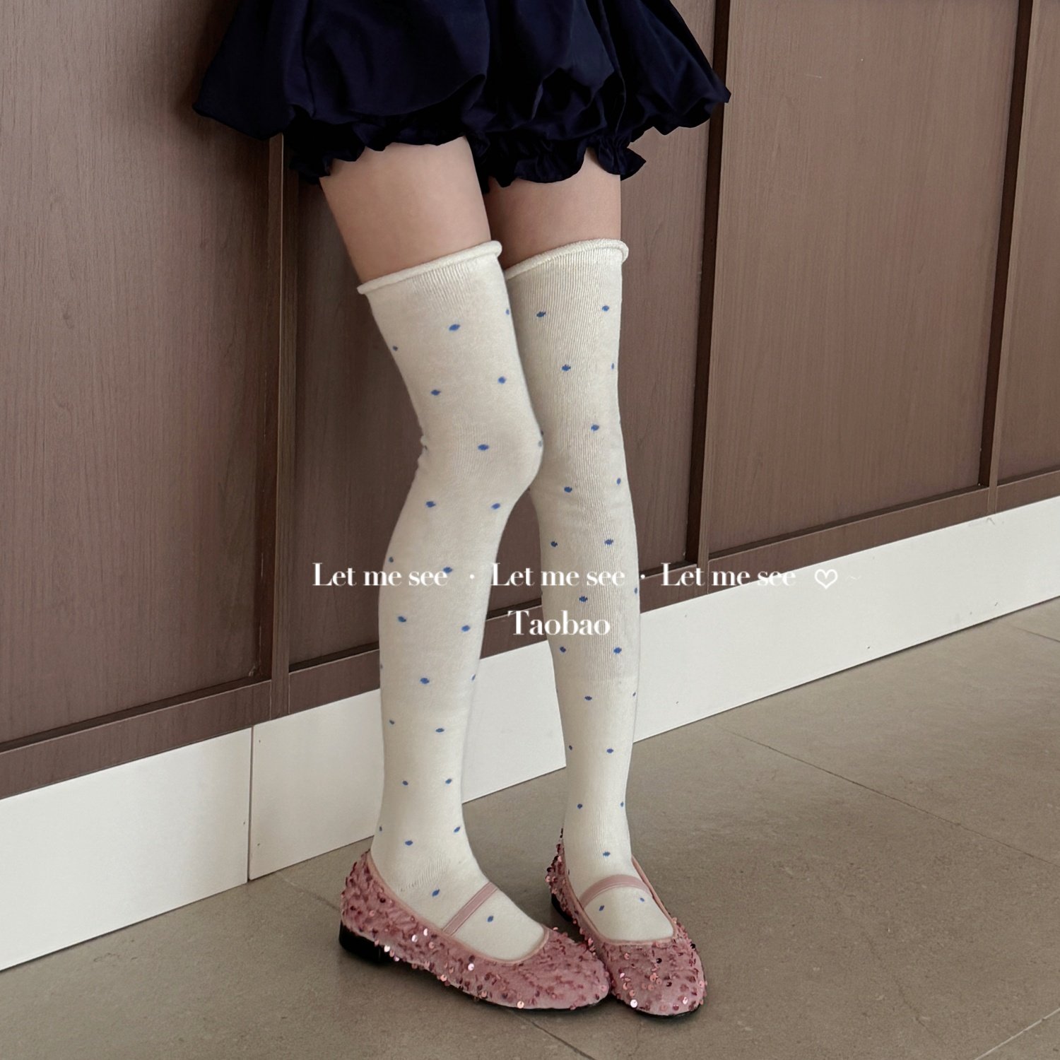 LET ME SEE奶呼呼蓝波点大腿卷边堆堆袜咖色过膝长筒保暖高筒袜,女士内衣/男士内衣/家居服,长筒袜,淘宝优惠券,粉丝福利购,淘宝优惠卷