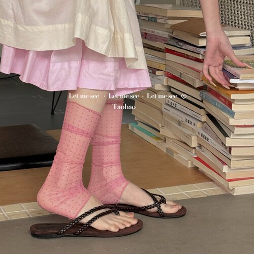 LET ME SEE春夏季日系袜子薄款蕾丝边甜美风波点蕾丝中筒袜女