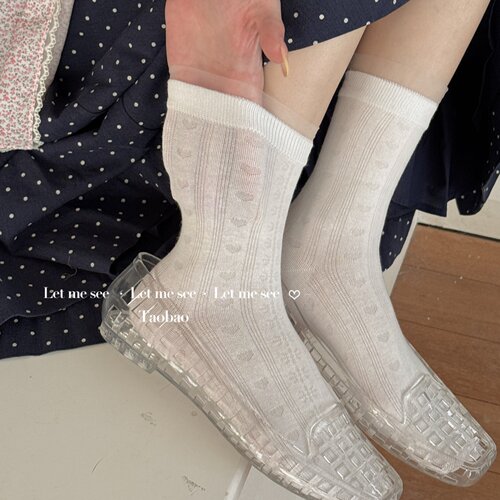 LET ME SEE 袜子女夏薄款镂空中筒袜纯棉堆堆袜白色芭蕾风夏季