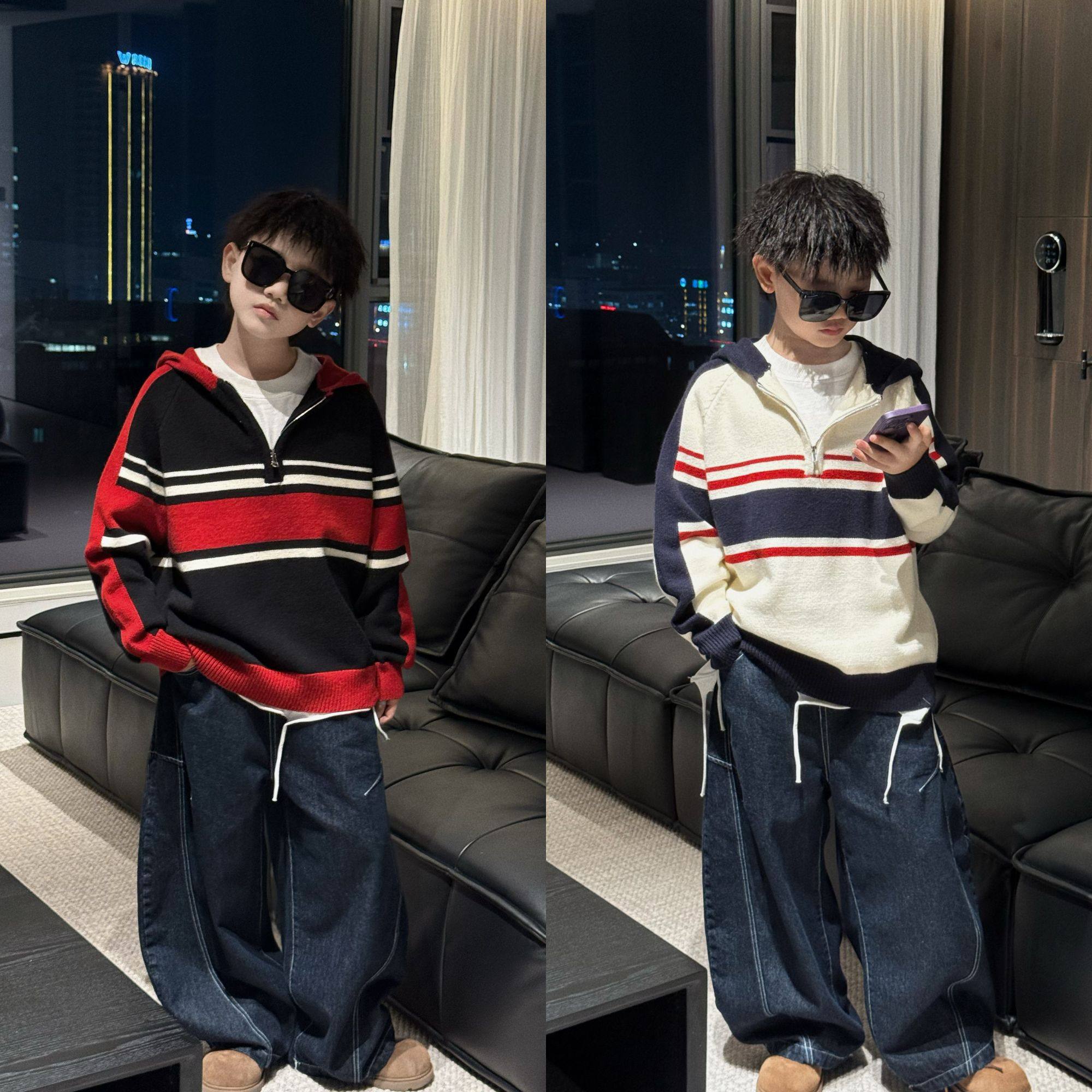 THE LUHAN【莫奈花园】秋冬V领拼接撞色亲子装中大男童毛衣25710
