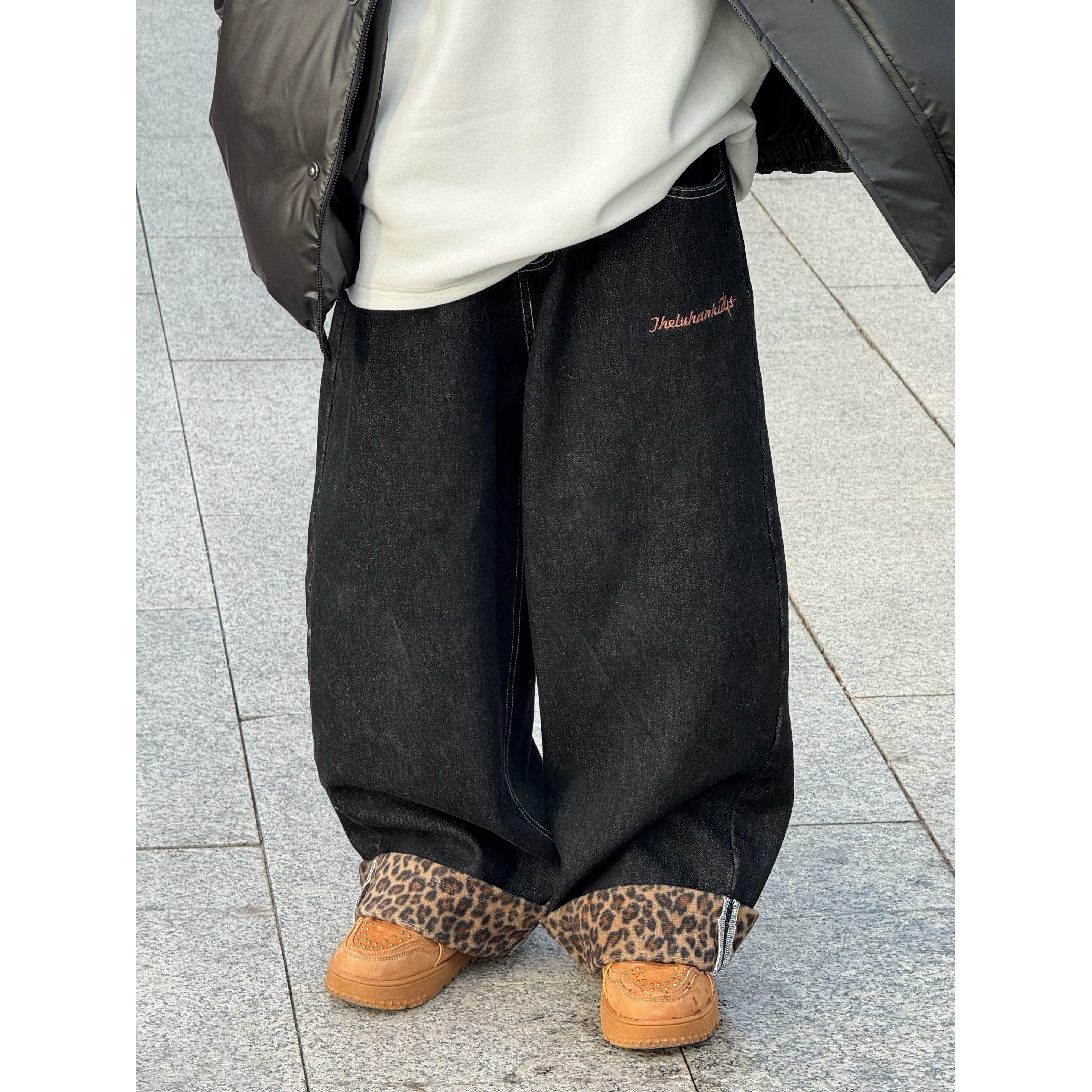 THE LUHAN【】秋冬潮流豹纹加绒牛仔裤亲子装男童长裤25838