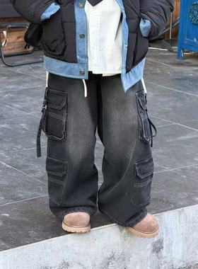 THE LUHAN【牛仔街头】秋冬美式工装加绒亲子装中大童牛仔裤25874