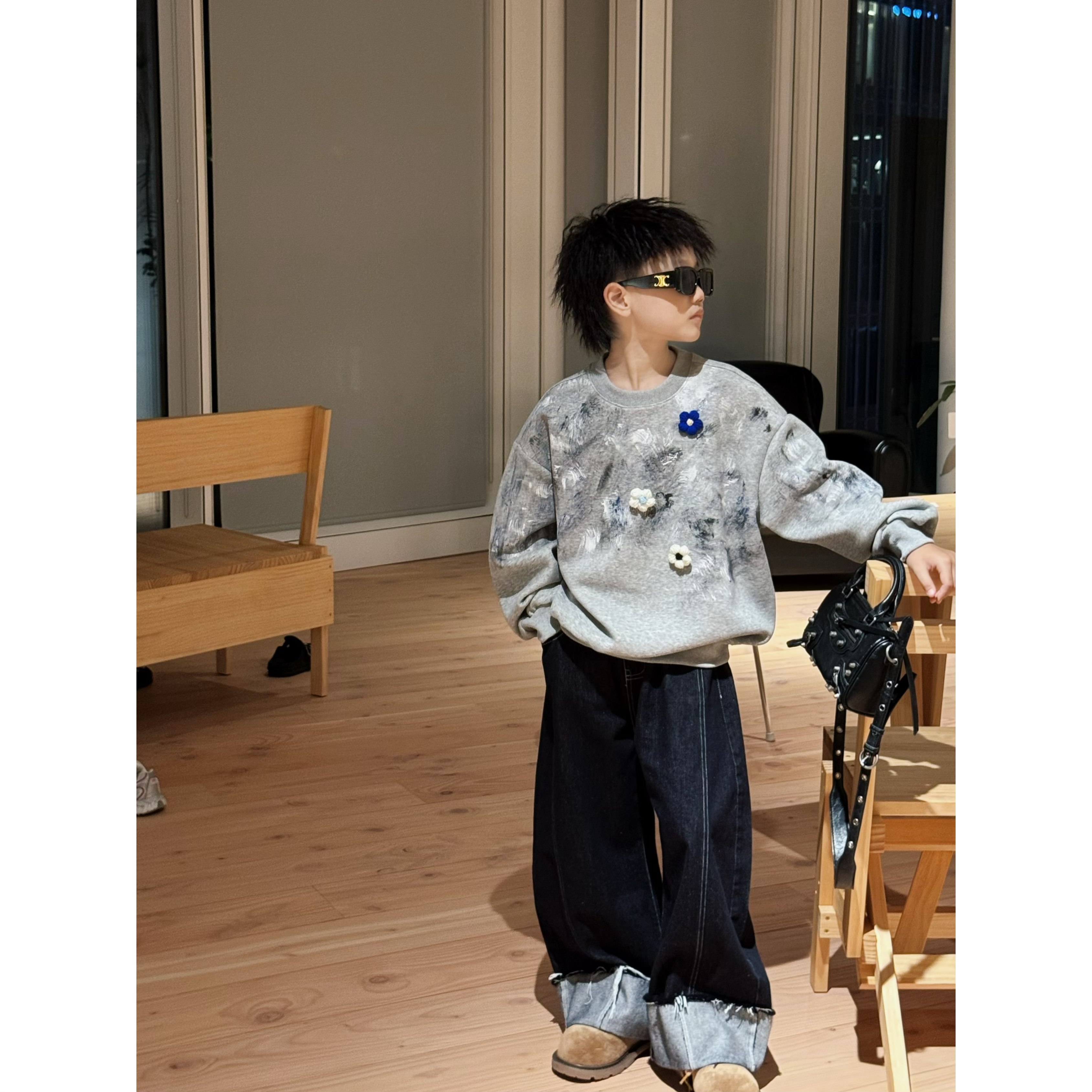 陆晗欧巴【精致boy】秋季潮牌小众设计款亲子装男童花朵卫衣25661
