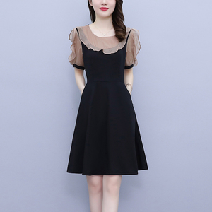KM18032#夏新款胖MM法式拼接小黑裙收腰显瘦气质连衣裙