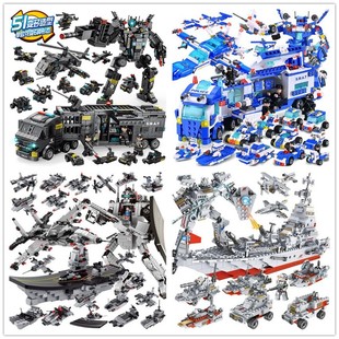 黑鹰特警中国积木航母8577男孩拼装变形玩具儿童飞机器人坦克金刚