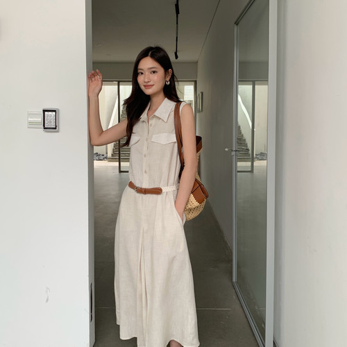 F.THREE三姐妹-夏上新老钱风天丝亚麻通勤无袖收腰衬衫连衣96202