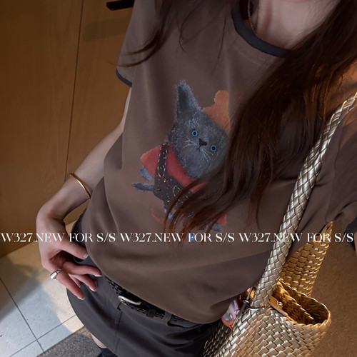 W327.-26夏上新美式复古撞色领猫咪印花正肩短袖T恤59571
