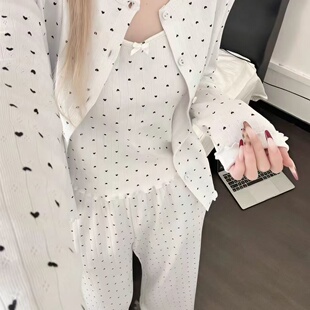 春上新春季 睡衣女三2653 简约坑条菱形孔长袖 长裤 吊带 俏茵婷