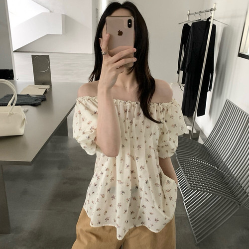 Hand made-26夏上新法式温柔碎花一字肩宽松小衫80301