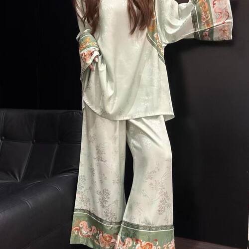 俏茵婷-复古风春上新春季冰丝绸舒适女清婉暗纹压花休闲长5007#华