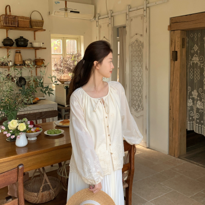 wens sunshine-26年夏上新法式温柔镂空刺绣花盘扣小衫灯笼袖2326