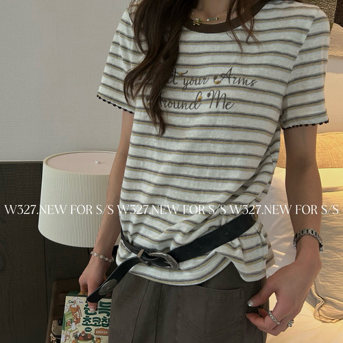 W327.-夏上新韩系撞色刺绣条纹专机线短袖T恤59588