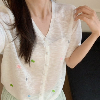 芭妮Bonnet-夏上新韩系亚麻缤纷小马v领开衫针织开衫A70-26049