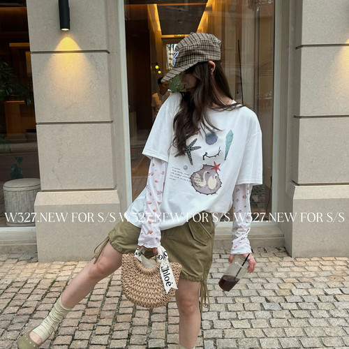 W327.-夏上新度假风韩系假两件拼接网纱长袖T恤59593