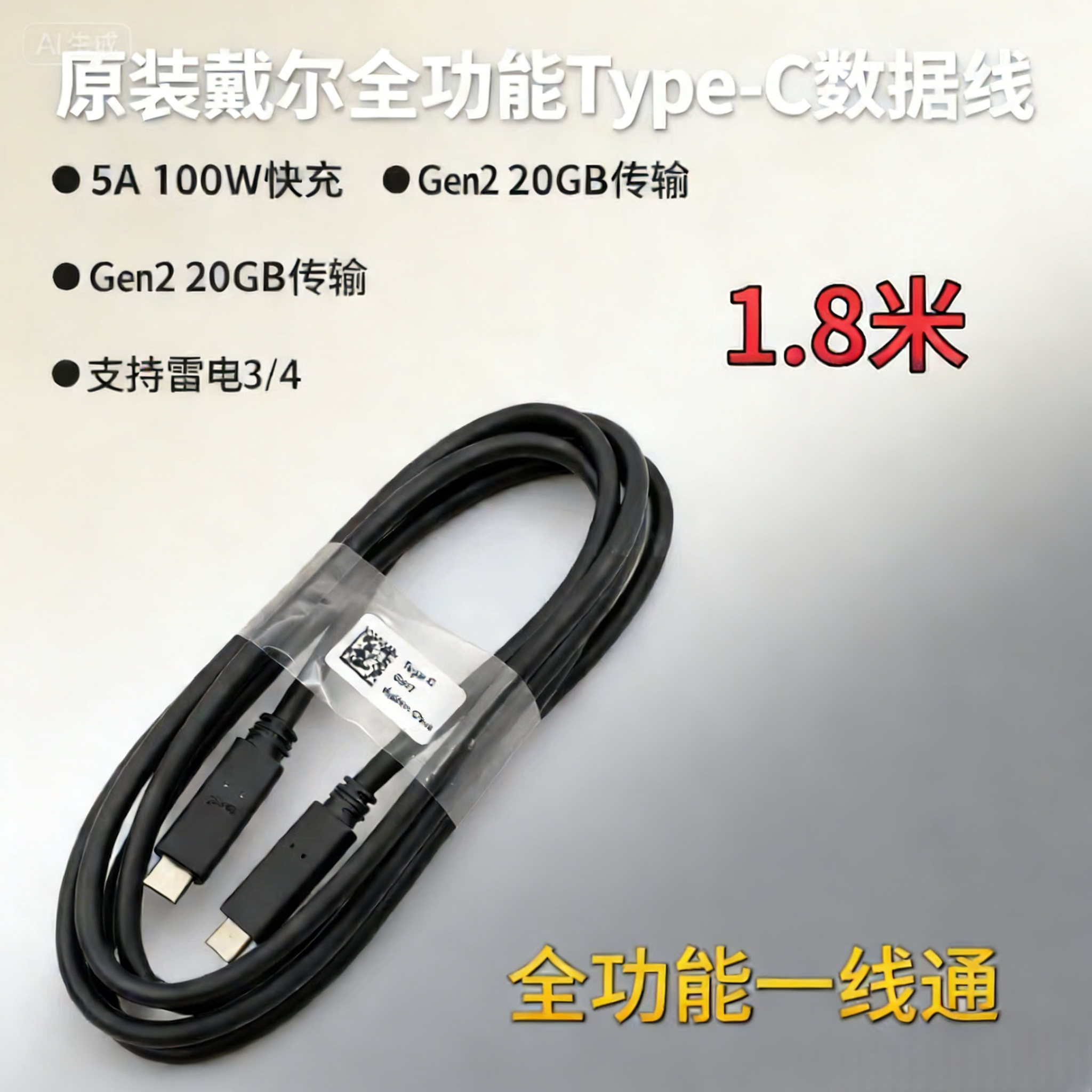 戴尔全功能双type-c数据线 USB3.2 gen2 5A 1
