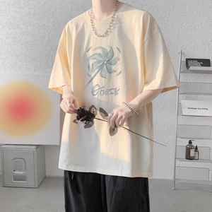 wassup happy短袖t恤男生夏季薄款港风休闲潮流痞帅一套搭配图片