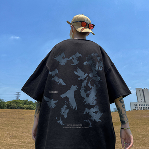 已注册/夏季潮牌黑色飞鸟短袖T恤男宽松体恤打底衫DT5233/P25图片