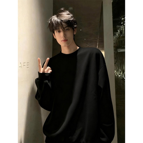 美式高街黑色痞帅加绒纯色圆领卫衣男款冬季宽松情侣款内搭打底衫