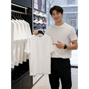 美式潮牌纯白色小领口短袖T恤男款夏季cleanfit宽松半袖重磅体恤