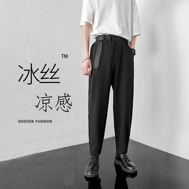 抖音品质冰丝面料夏季腰带小西裤男女魔术贴休闲裤XK8568/P40图片