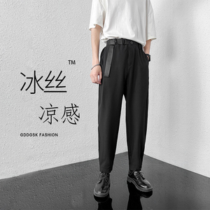 抖音品质冰丝面料夏季腰带小西裤男女魔术贴休闲裤XK8568/P40图片