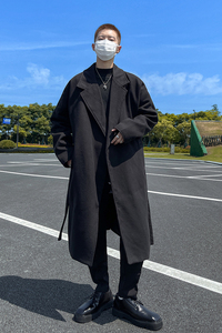 秋冬季新款中长款毛呢大衣男黑色情侣宽松风衣宽松外套F3706/P100图片