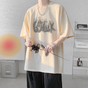 青少年短袖t恤男生夏季2024新款纯棉体恤美式复古字母潮牌7分半袖图片