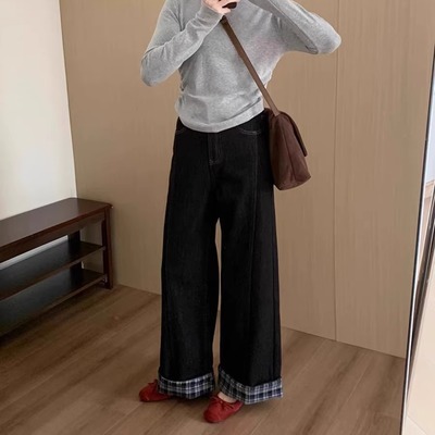 小众格子翻边设计阔腿牛仔裤女