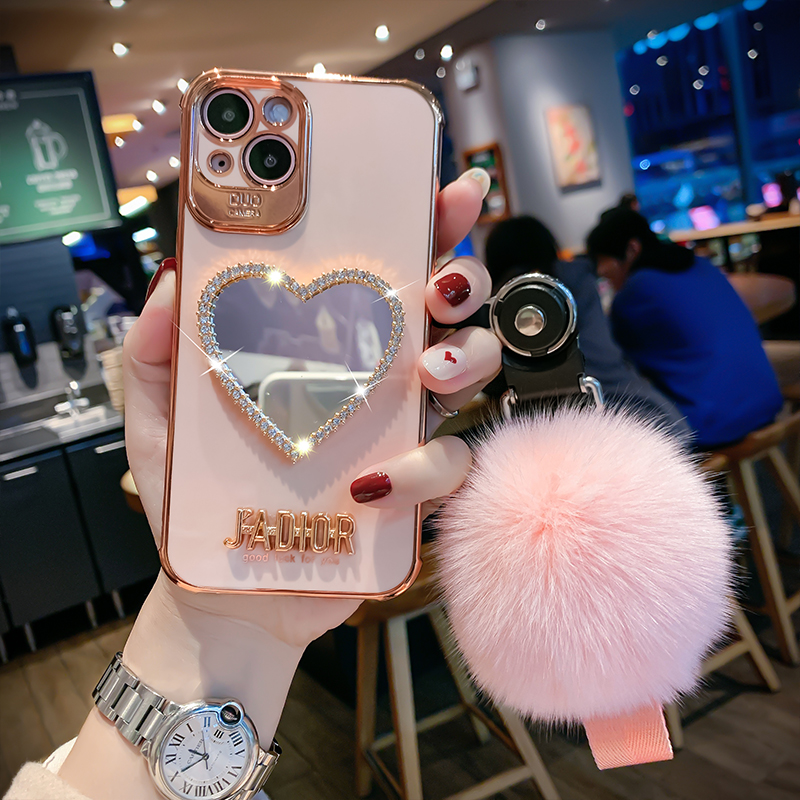 适用于爱心镜子iPhone13手机壳新款苹果13pro网红女款12promax毛绒球挂绳11AMX全包镜头13MAX防摔ins高级感潮