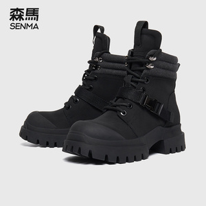 森马厚底马丁靴女2023新款冬季加绒保暖靴子耐磨高帮鞋潮酷机车靴