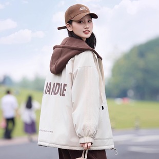 仿羊羔毛秋冬装 假两件夹棉外套初中生少女棉衣大童学生加厚棉服潮