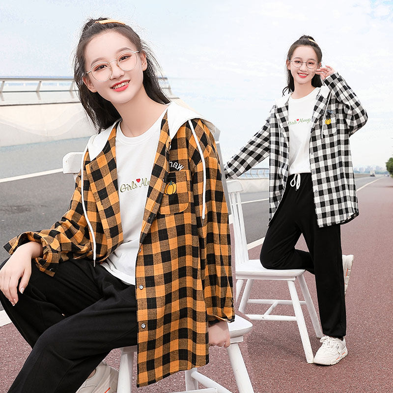初中生格子衬衫带帽时尚新品高中生少女秋冬薄款磨毛棉长袖外套潮