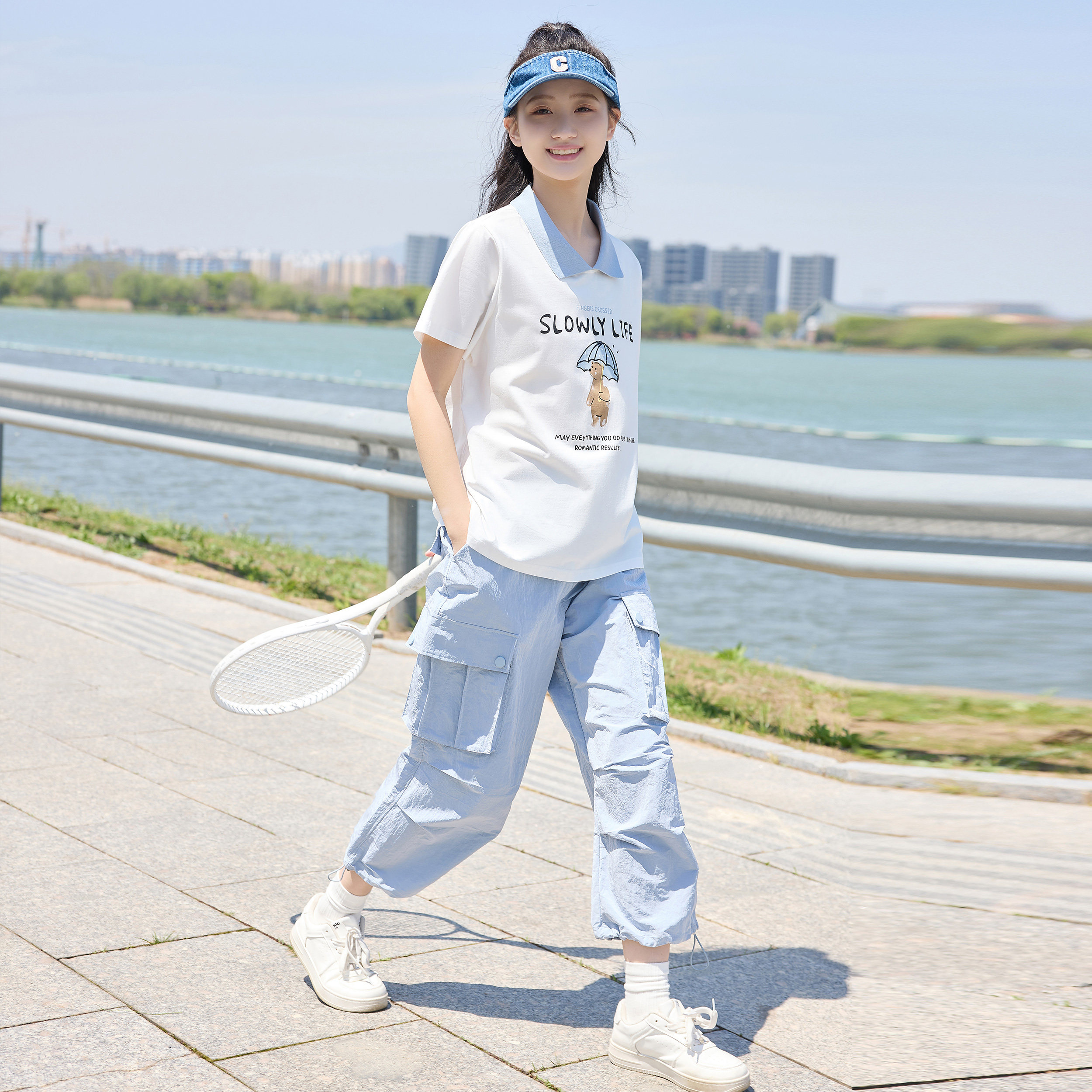 初中生夏装运动休闲短袖t恤套装少女七分裤工装裤夏季两件套潮