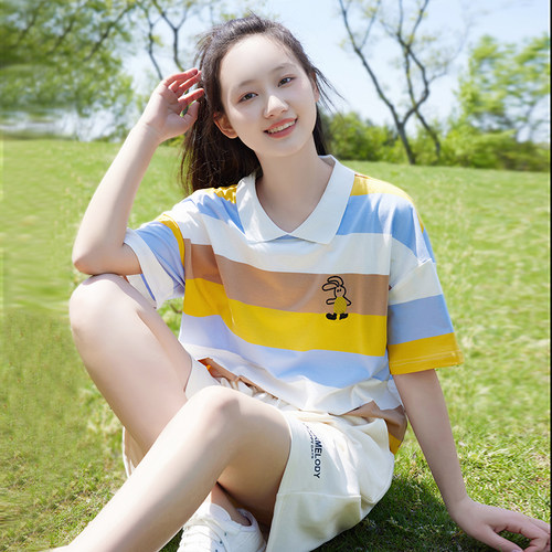纯棉2024夏季撞色条纹休闲套装