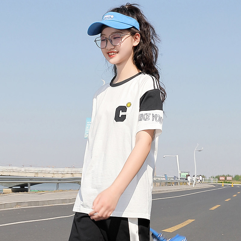 初中生T恤少女夏季圆领高中生全棉绣花短袖撞色休闲运动半袖上衣