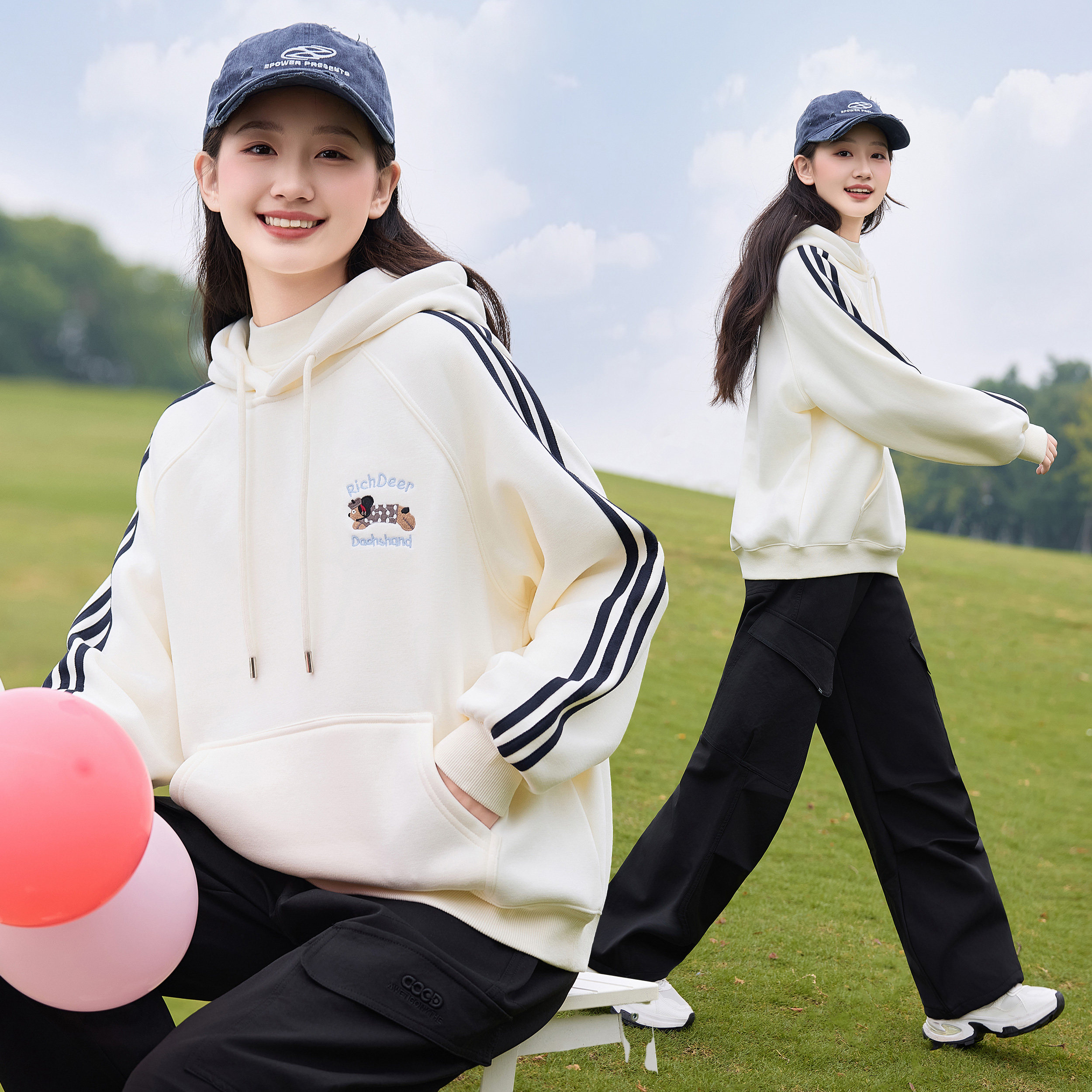 雪诗恋连帽卫衣少女童初中生宽松三条杠米色上衣学生运动风外套潮