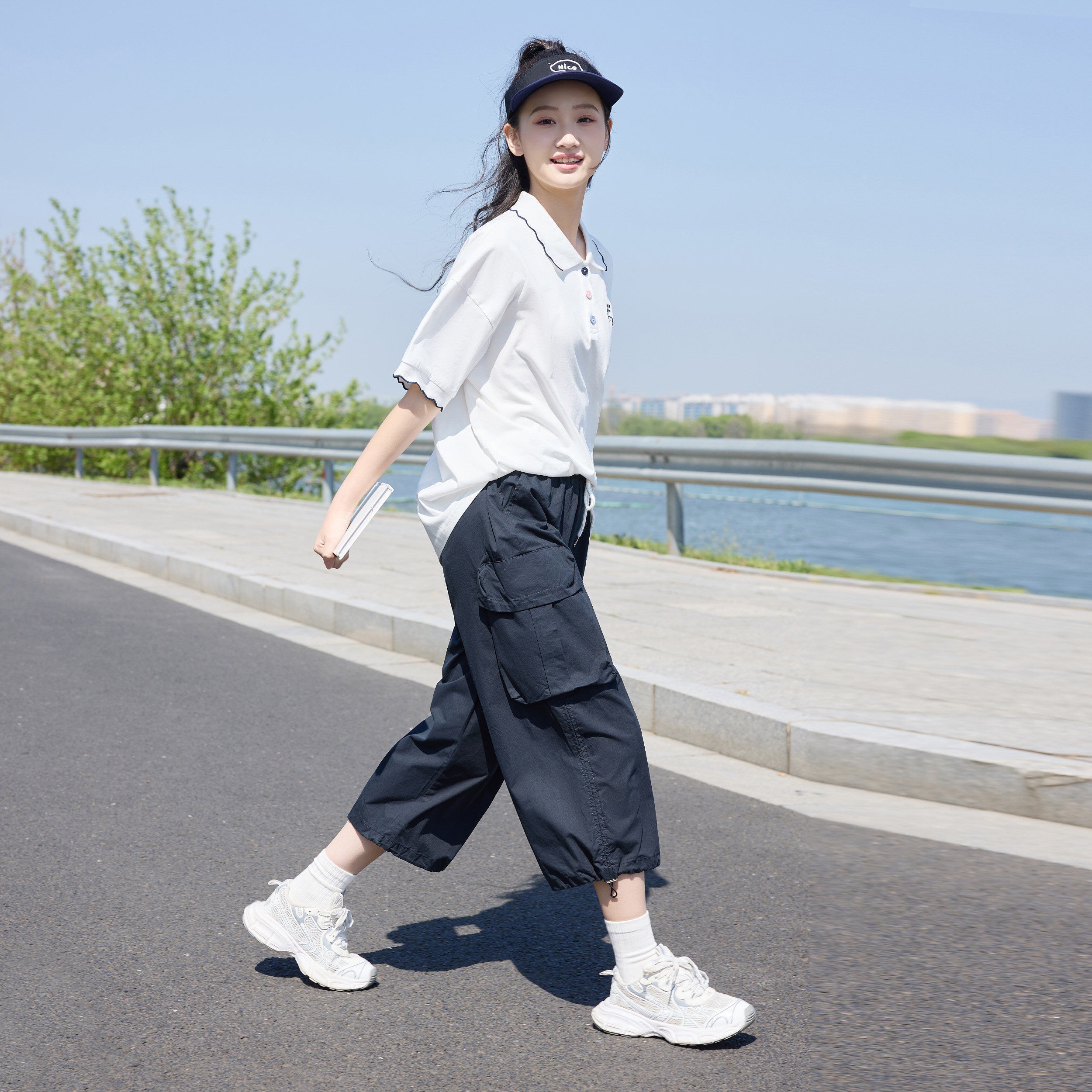 雪诗恋初中生夏装翻领短袖套装夏新款中大童少女洋气工装裤两件套