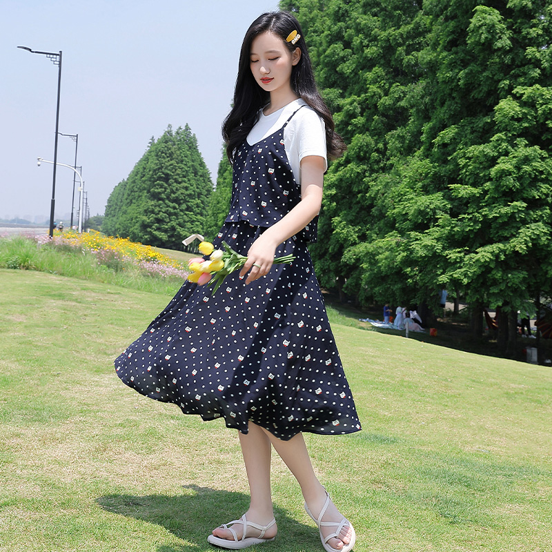 初中生夏季吊带裙套装高中生裙长款少女I大童碎花雪纺连衣裙两件
