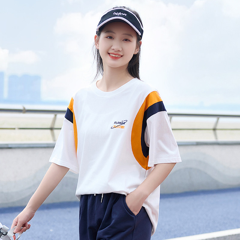 初中生夏装女休闲运动大T恤青少女高中学生拼接圆领纯棉短袖上衣
