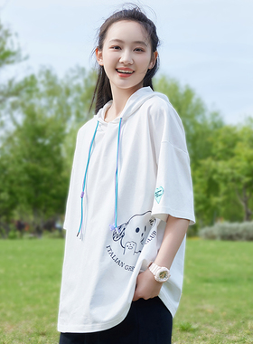 T恤少女高初中生夏季学院风休闲运动宽松短袖上衣连帽半袖衫新品