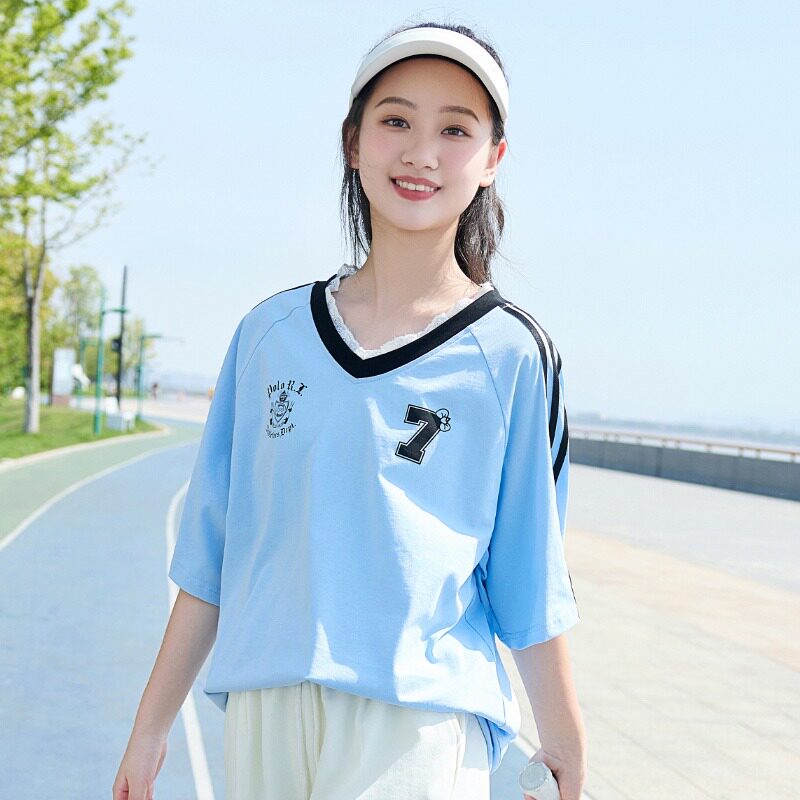 初中生少女短袖T恤夏季大童v领