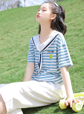 初中生夏装套装女新款学院风日系海军领高中生七分裤JK校服两件套